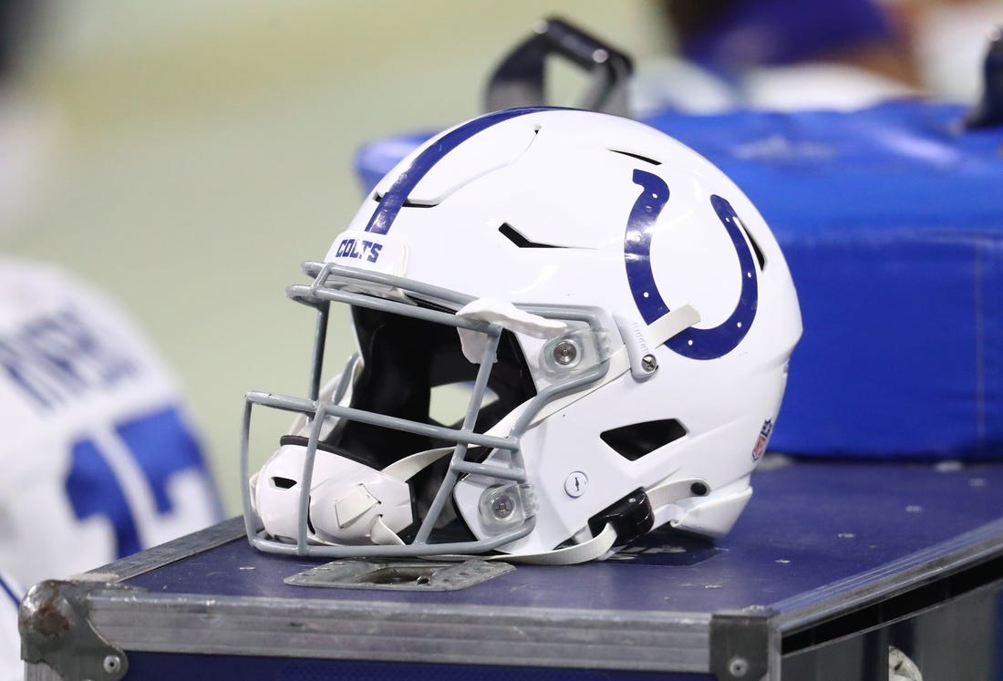 Dec 13, 2020; Paradise, Nevada, USA; Detailed view of an Indianapolis Colts helmet against the Las Vegas Raiders at Allegiant Stadium. Mandatory Credit: Mark J. Rebilas-USA TODAY Sports