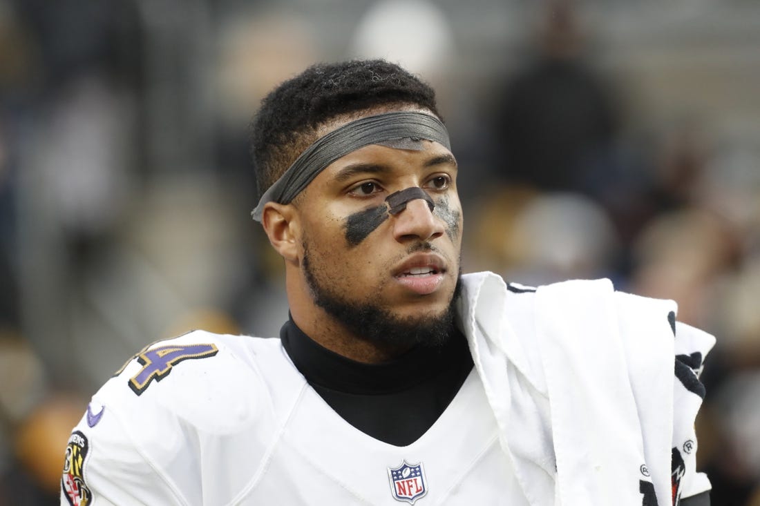 Dec 11, 2022; Pittsburgh, Pennsylvania, USA;  Baltimore Ravens cornerback Marlon Humphrey (44) looks on from the sidelines against the Pittsburgh Steelers during the fourth quarter at Acrisure Stadium. Baltimore won 16-14. Mandatory Credit: Charles LeClaire-USA TODAY Sports