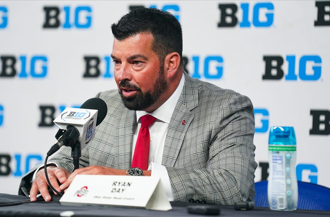 Jul 26, 2023; Indianapolis, IN, USA; Ohio State Buckeyes head coach Ryan Day speaks to the media during the Big 10 football media day at Lucas Oil Stadium. Mandatory Credit: Robert Goddin-USA TODAY Sports