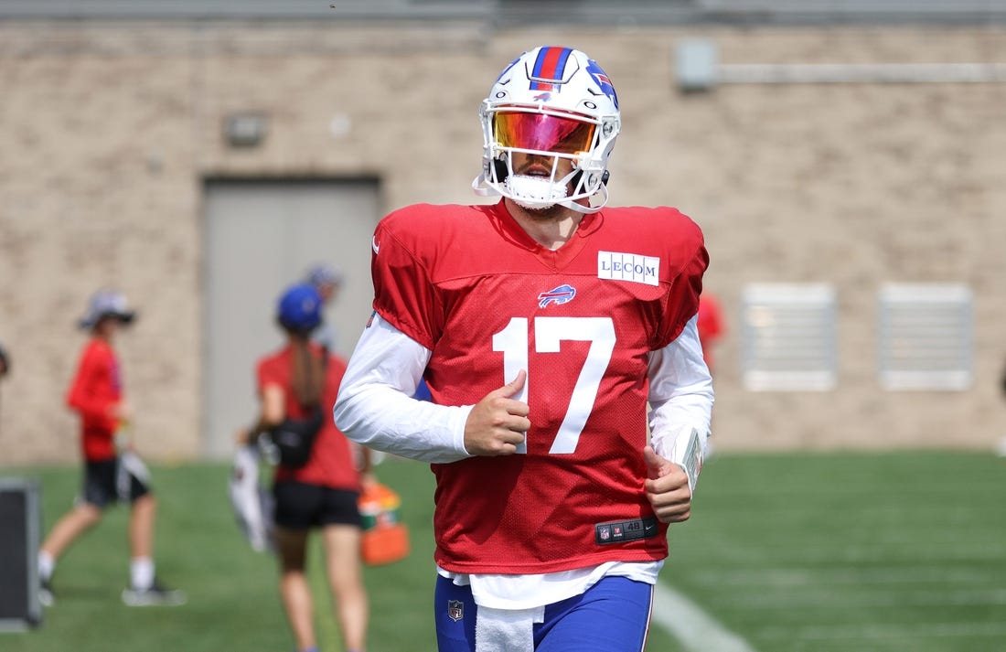 Bills quarterback Josh Allen heads to the main practice field from back field during training camp.