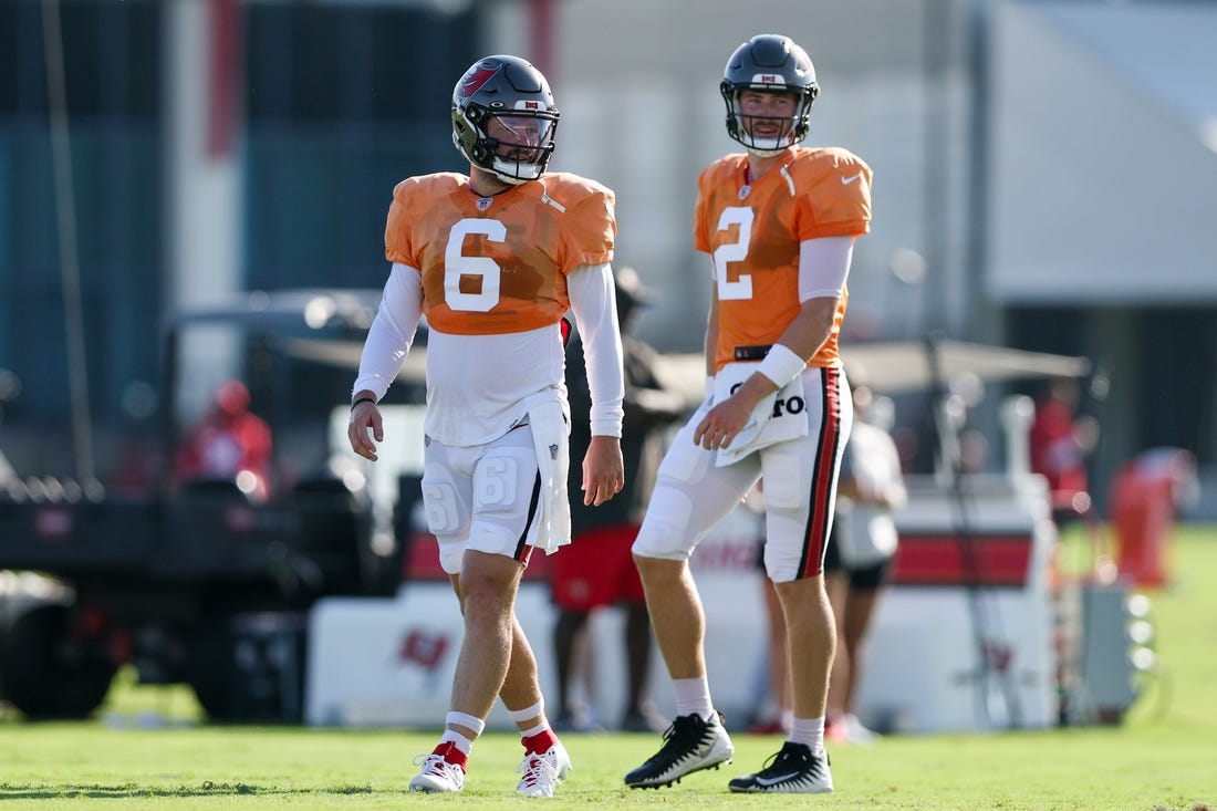Aug 3, 2023; Tampa Bay, FL, USA;  Tampa Bay Buccaneers quarterback Baker Mayfield (6) and quarterback Kyle Trask (2) participate in training camp at AdventHealth Training Center. Mandatory Credit: Nathan Ray Seebeck-USA TODAY Sports