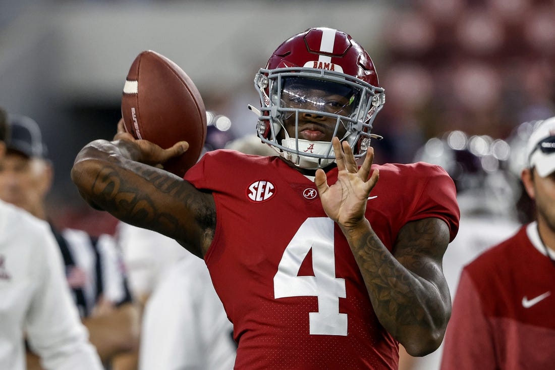 Oct 8, 2022; Tuscaloosa, Alabama, USA;  Alabama Crimson Tide quarterback Jalen Milroe (4) warms up before a game against the Texas A&M Aggies at Bryant-Denny Stadium. Mandatory Credit: Butch Dill-USA TODAY Sports