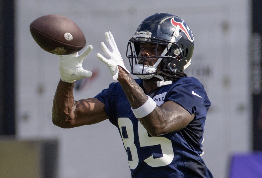 Jul 30, 2023; Houston, TX, USA; Houston Texans wide receiver Noah Brown (85) catches a pass during training camp practice at the Houston Methodist Training Center. Mandatory Credit: Thomas Shea-USA TODAY Sports