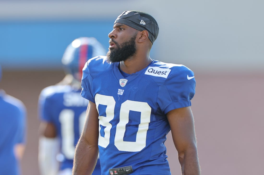 Aug 1, 2023; East Rutherford, NJ, USA; New York Giants wide receiver Jamison Crowder (80) looks on during training camp at the Quest Diagnostics Training Facility.  Mandatory Credit: Vincent Carchietta-USA TODAY Sports