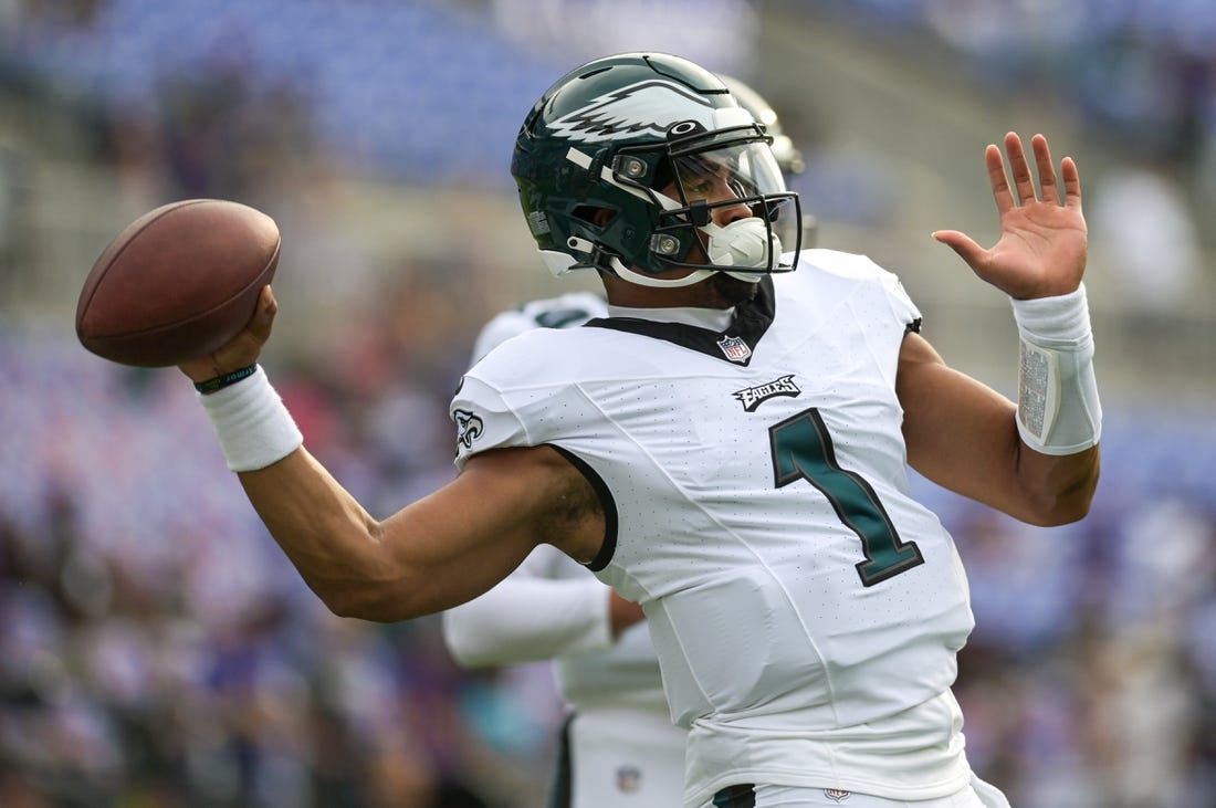 Aug 12, 2023; Baltimore, Maryland, USA;  Philadelphia Eagles quarterback Jalen Hurts (1) warms up before the game against the Baltimore Ravens at M&T Bank Stadium. Mandatory Credit: Tommy Gilligan-USA TODAY Sports