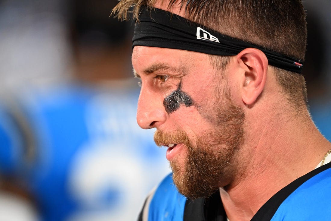 Aug 25, 2023; Charlotte, North Carolina, USA;  Carolina Panthers wide receiver Adam Thielen (19) on the sidelines in the second quarter at Bank of America Stadium. Mandatory Credit: Bob Donnan-USA TODAY Sports