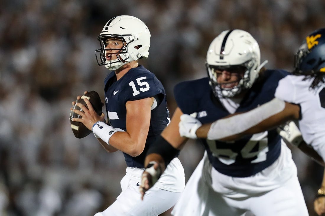 Sep 2, 2023; University Park, Pennsylvania, USA; Penn State Nittany Lions quarterback Drew Allar (15) drops back to throw against the West Virginia Mountaineers during the second quarter at Beaver Stadium. Mandatory Credit: Matthew O'Haren-USA TODAY Sports