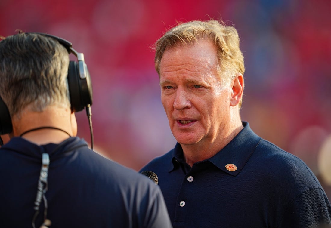 Sep 7, 2023; Kansas City, Missouri, USA; NFL commissioner Roger Goodell is interviewed prior to a game between the Detroit Lions and the Kansas City Chiefs at GEHA Field at Arrowhead Stadium. Mandatory Credit: Jay Biggerstaff-USA TODAY Sports