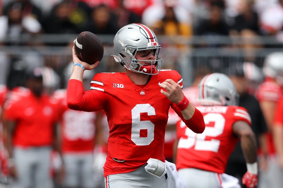 Sep 9, 2023; Columbus, Ohio, USA;  Ohio State Buckeyes quarterback Kyle McCord (6) drops to throw during the first quarter against the Youngstown State Penguins at Ohio Stadium. Mandatory Credit: Joseph Maiorana-USA TODAY Sports