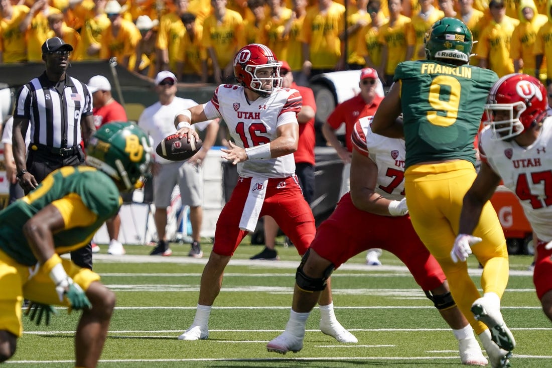Sep 9, 2023; Waco, Texas, USA; Utah Utes quarterback Bryson Barnes (16) stands in the pocket against the Baylor Bears during the first half at McLane Stadium. Mandatory Credit: Raymond Carlin III-USA TODAY Sports