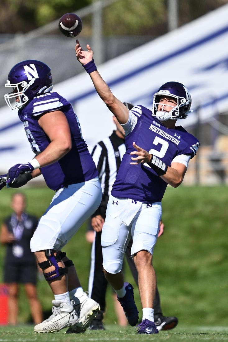 Sep 9, 2023; Evanston, Illinois, USA;  Northwestern Wildcats quarterback Ben Bryant (2) passes in the first half against the University of Texas El Paso Miners at Ryan Field. Mandatory Credit: Jamie Sabau-USA TODAY Sports