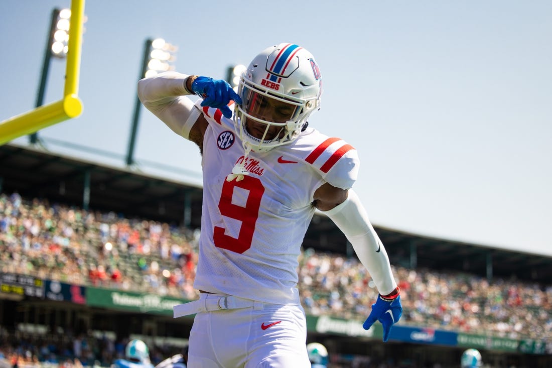 Sep 9, 2023; New Orleans, Louisiana, USA;   Mississippi Rebels wide receiver Tre Harris (9) catches a pass for a touchdown against the Tulane Green Wave during the first half at Yulman Stadium. Mandatory Credit: Stephen Lew-USA TODAY Sports