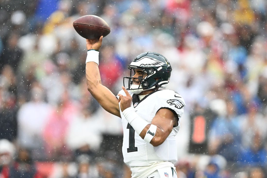 Sep 10, 2023; Foxborough, Massachusetts, USA; Philadelphia Eagles quarterback Jalen Hurts (1) makes a pass against the New England Patriots during the first half at Gillette Stadium. Mandatory Credit: Brian Fluharty-USA TODAY Sports