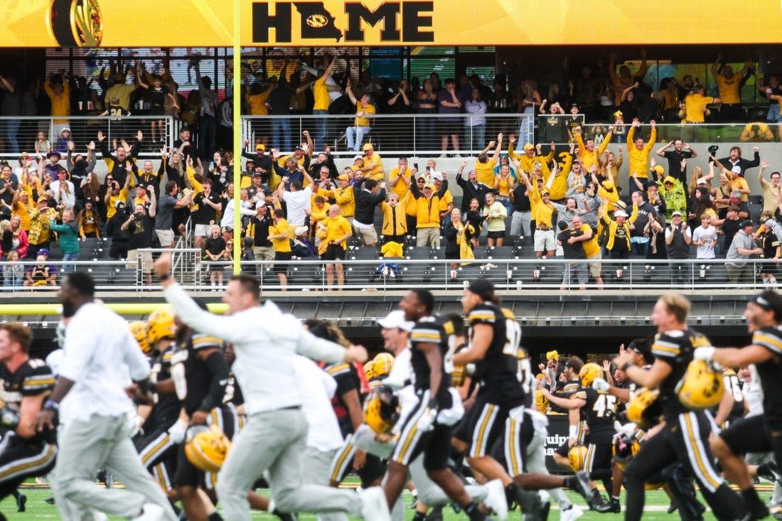 The celebration begins after Missouri kicker Harrison Mevis's game-winning field goal during a game against Kansas State at Memorial Stadium on Sept. 16, 2023, in Columbia, Mo.