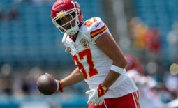 Sep 17, 2023; Jacksonville, Florida, USA;  Kansas City Chiefs tight end Travis Kelce (87) warms up before a game against the Jacksonville Jaguars at EverBank Stadium. Mandatory Credit: Nathan Ray Seebeck-USA TODAY Sports