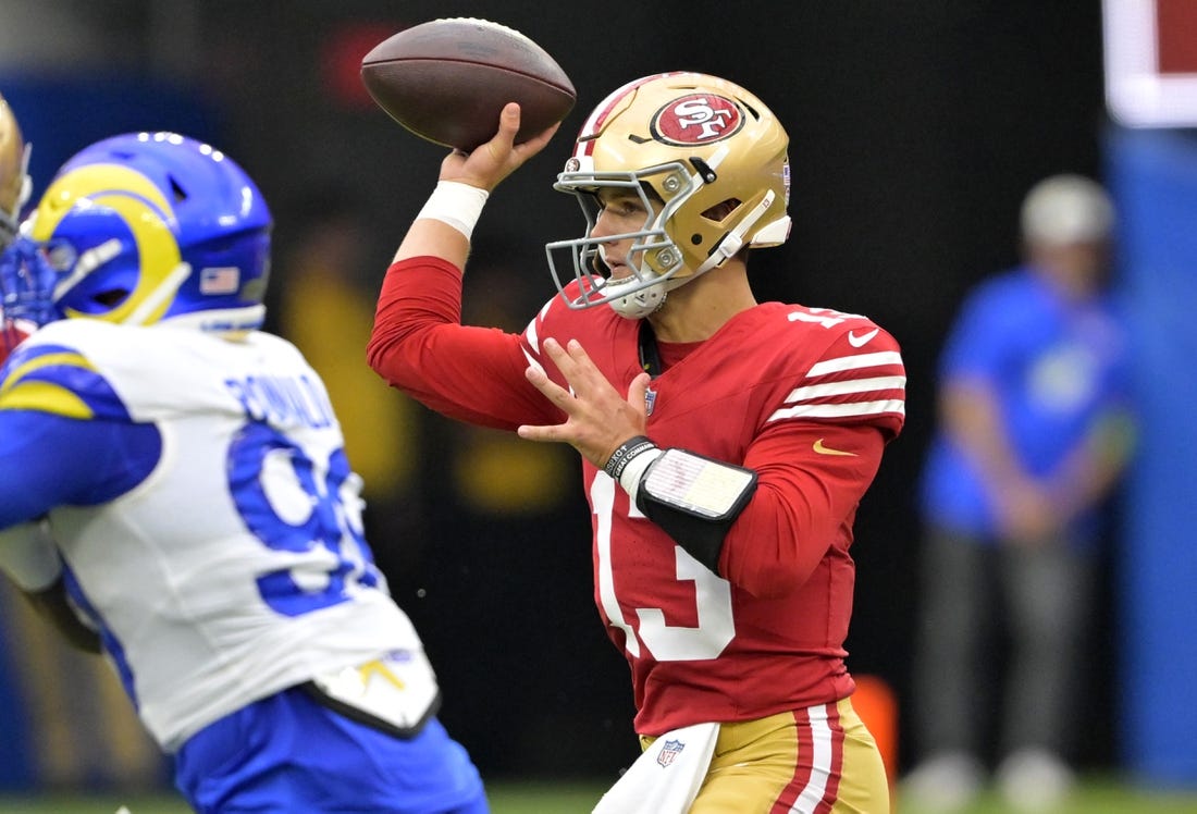 Sep 17, 2023; Inglewood, California, USA; San Francisco 49ers quarterback Brock Purdy (13) throws a pass in the first half against the Los Angeles Rams at SoFi Stadium. Mandatory Credit: Jayne Kamin-Oncea-USA TODAY Sports