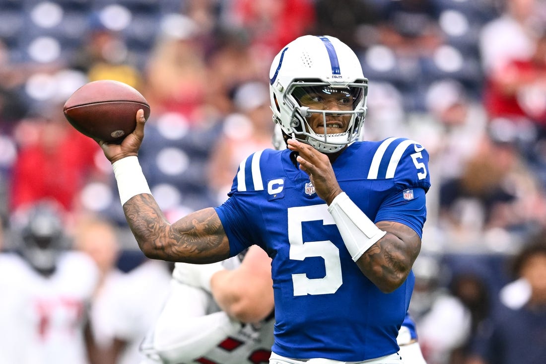 Sep 17, 2023; Houston, Texas, USA; Indianapolis Colts quarterback Anthony Richardson (5) looks to pass the ball during the first half against the Houston Texans at NRG Stadium. Mandatory Credit: Maria Lysaker-USA TODAY Sports