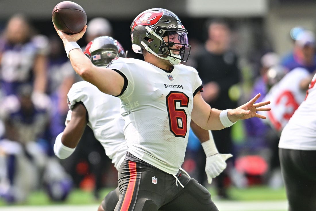 Sep 10, 2023; Minneapolis, Minnesota, USA; Tampa Bay Buccaneers quarterback Baker Mayfield (6) in action against the Minnesota Vikings during the game at U.S. Bank Stadium. Mandatory Credit: Jeffrey Becker-USA TODAY Sports