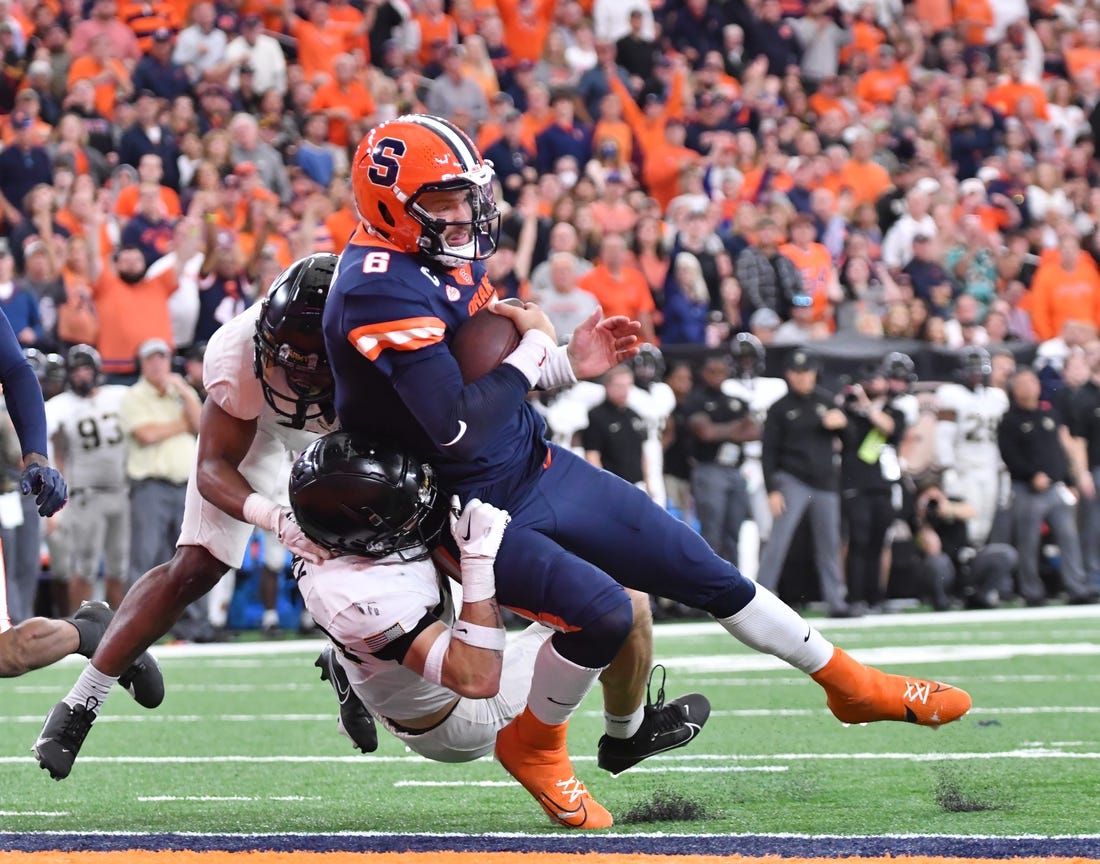 Sep 23, 2023; Syracuse, New York, USA; Syracuse Orange quarterback Garrett Shrader (6) scores a rushing touchdown against the Army Black Knights in the fourth quarter at the JMA Wireless Dome. Mandatory Credit: Mark Konezny-USA TODAY Sports