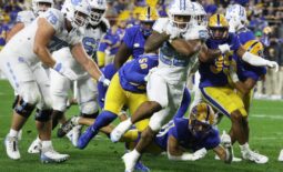 Sep 23, 2023; Pittsburgh, Pennsylvania, USA; North Carolina Tar Heels running back Omarion Hampton (28) crosses the goal line to score a touchdown against the Pittsburgh Panthers during the first quarter at Acrisure Stadium. Mandatory Credit: Charles LeClaire-USA TODAY Sports