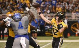 Sep 23, 2023; St. Louis, Missouri, USA; Memphis Tigers defensive lineman Josh Ellison (4) attempts to block a pass from Missouri Tigers quarterback Brady Cook (12) in the first quarter at The Dome at America's Center. Mandatory Credit: Joe Puetz-USA TODAY Sports