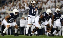 Sep 23, 2023; University Park, Pennsylvania, USA; Penn State Nittany Lions quarterback Drew Allar (15) gestures from the line of scrimmage during the first quarter against the Iowa Hawkeyes at Beaver Stadium. Mandatory Credit: Matthew O'Haren-USA TODAY Sports