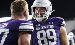 Sep 23, 2023; Evanston, Illinois, USA; Northwestern Wildcats tight end Charlie Mangieri (89) celebrates his game winning touchdown in overtime against the Minnesota Golden Gophers during the second half at Ryan Field. Mandatory Credit: David Banks-USA TODAY Sports