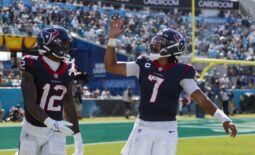 Sep 24, 2023; Jacksonville, Florida, USA; Houston Texans quarterback C.J. Stroud (7) and wide receiver Nico Collins (12) celebrate after a touchdown against Jacksonville Jaguars during the fourth quarter at EverBank Stadium. Mandatory Credit: Morgan Tencza-USA TODAY Sports