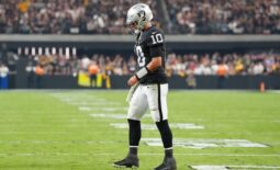 Sep 24, 2023; Paradise, Nevada, USA; Las Vegas Raiders quarterback Jimmy Garoppolo (10) walks back to the huddle after being knocked to the ground by the Pittsburgh Steelers defense during the fourth quarter at Allegiant Stadium. Mandatory Credit: Stephen R. Sylvanie-USA TODAY Sports