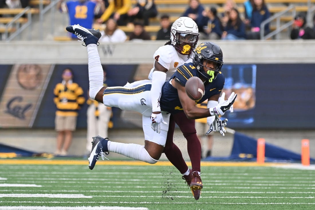 Sep 30, 2023; Berkeley, California, USA; Arizona State Sun Devils defensive back Demetries Ford (4) breaks up a pass intended for California Golden Bears wide receiver Jeremiah Hunter (3) during the first quarter at California Memorial Stadium. Mandatory Credit: Robert Edwards-USA TODAY Sports