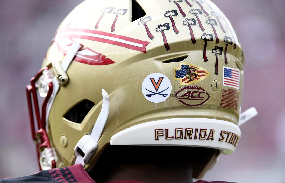 Nov 19, 2022; Tallahassee, Florida, USA; Florida State Seminoles helmets with stickers honoring the University of Virginia seen before the game against the Louisiana Ragin' Cajuns at Doak S. Campbell Stadium. Mandatory Credit: Melina Myers-USA TODAY Sports