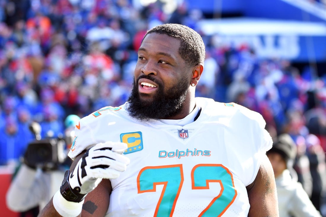 Jan 15, 2023; Orchard Park, NY, USA; Miami Dolphins offensive tackle Terron Armstead before playing against the Buffalo Bills  in a NFL wild card game at Highmark Stadium. Mandatory Credit: Mark Konezny-USA TODAY Sports