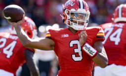 Sep 2, 2023; College Park, Maryland, USA;  Maryland Terrapins quarterback Taulia Tagovailoa (3) looks to throw as the action reflects off his visor during the first half against the Towson Tigers  at SECU Stadium. Mandatory Credit: Tommy Gilligan-USA TODAY Sports