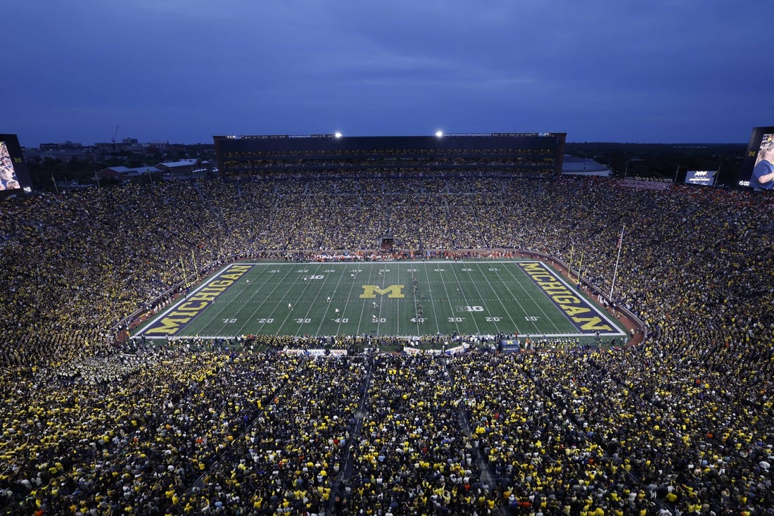 Sep 16, 2023; Ann Arbor, Michigan, USA;  General view of the kick off between the Michigan Wolverines and the Bowling Green Falcons in the first half at Michigan Stadium. Mandatory Credit: Rick Osentoski-USA TODAY Sports
