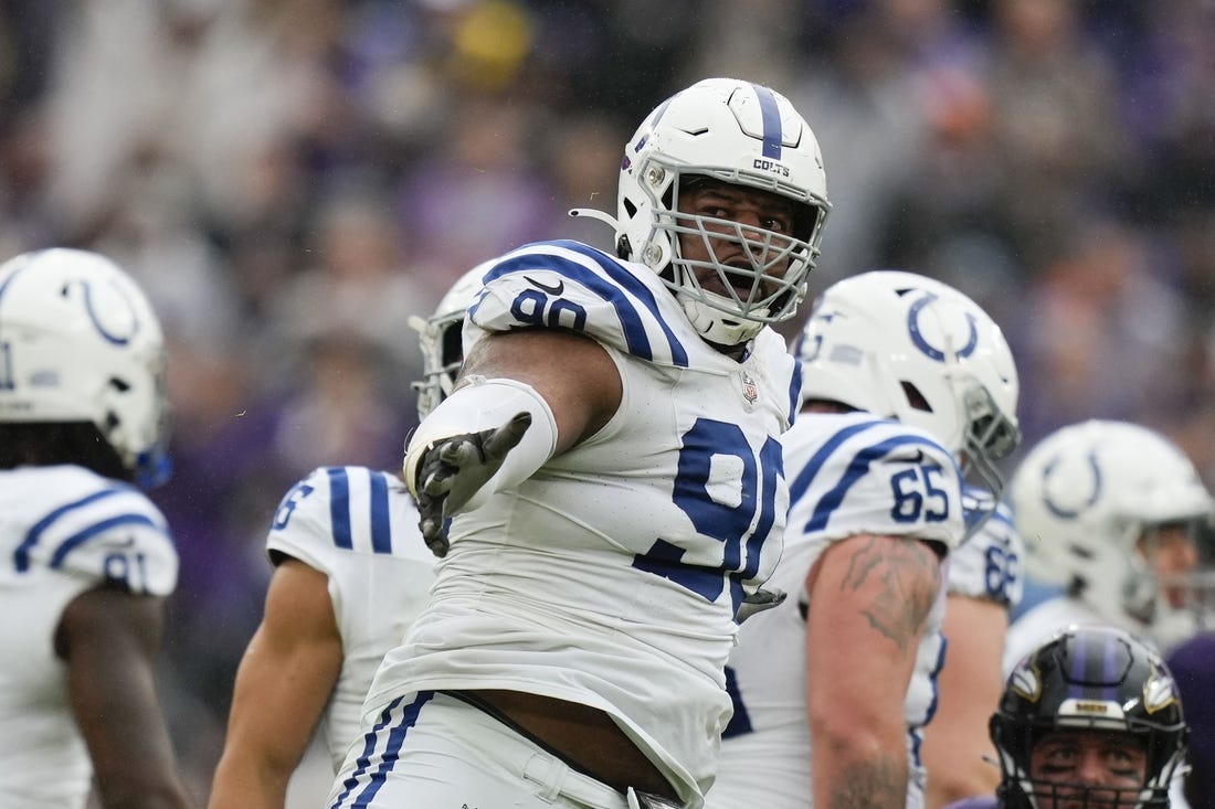 Sep 24, 2023; Baltimore, Maryland, USA; Indianapolis Colts defensive tackle Grover Stewart (90) reacts after the Indianapolis Colts score a field goal in the fourth quarter against the Baltimore Ravens at M&T Bank Stadium. Mandatory Credit: Brent Skeen-USA TODAY Sports
