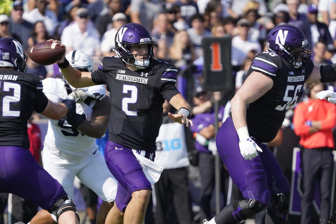 Sep 30, 2023; Evanston, Illinois, USA; Northwestern Wildcats quarterback Ben Bryant (2) passes against the Penn State Nittany Lions during the first half at Ryan Field. Mandatory Credit: David Banks-USA TODAY Sports