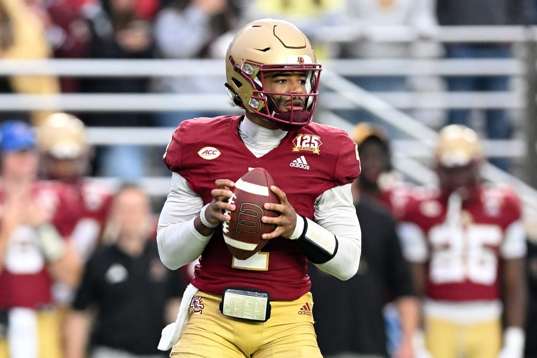 Sep 30, 2023; Chestnut Hill, Massachusetts, USA; Boston College Eagles quarterback Thomas Castellanos (1) looks to pass against the Virginia Cavaliers during the second half at Alumni Stadium. Mandatory Credit: Brian Fluharty-USA TODAY Sports