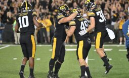 Sep 30, 2023; Iowa City, Iowa, USA; Iowa Hawkeyes defensive lineman Ethan Hurkett (49) and defensive back Quinn Schulte (30) and linebacker Nick Jackson (10) react during the fourth quarter against the Michigan State Spartans at Kinnick Stadium. Mandatory Credit: Jeffrey Becker-USA TODAY Sports
