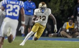 Sep 30, 2023; Durham, North Carolina, USA; Notre Dame Fighting Irish running back Jeremiyah Love (12) runs for yards after catch against the Duke Blue Devils during the second half at Wallace Wade Stadium. Mandatory Credit: Jim Dedmon-USA TODAY Sports