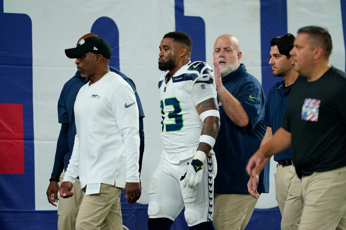 Seattle Seahawks safety Jamal Adams (33) walks off the field due to injury in the first half against the New York Giants at MetLife Stadium on Monday, Oct. 2, 2023, in East Rutherford.
