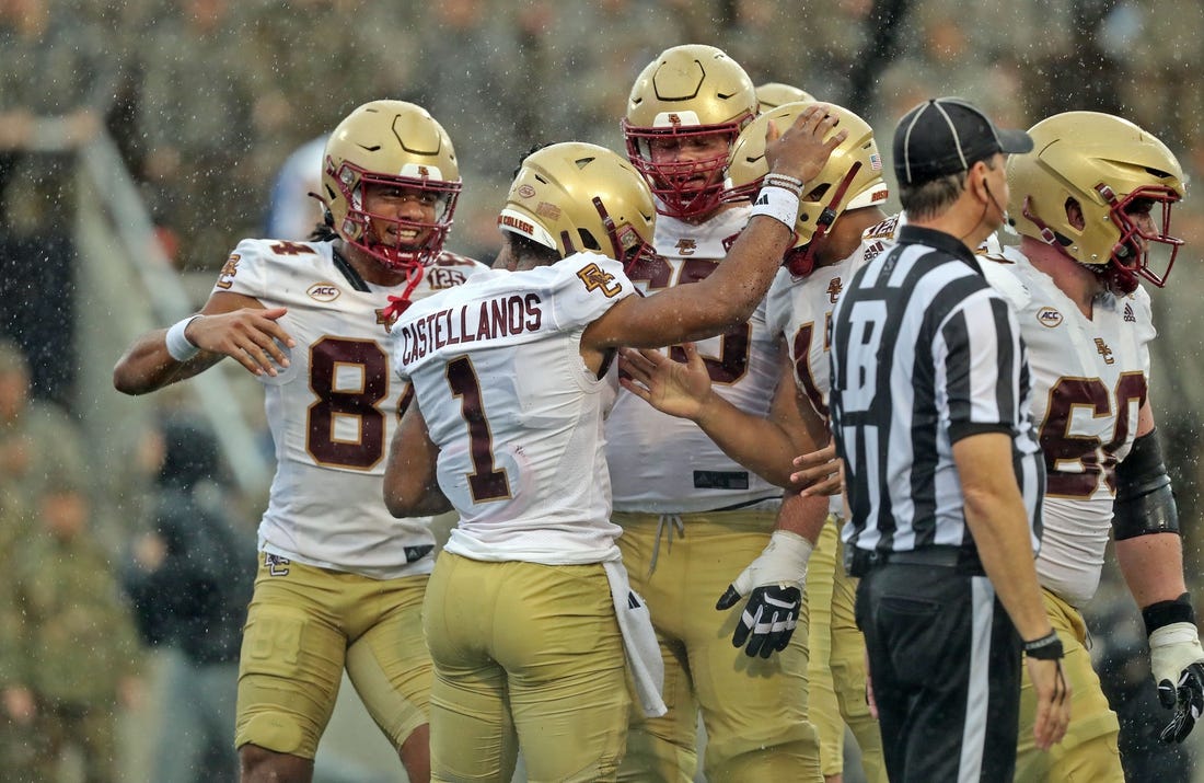 Oct 7, 2023; West Point, New York, USA; Boston College Eagles quarterback Thomas Castellanos (1) celebrates his touchdown against the Army Black Knights during the first half at Michie Stadium. Mandatory Credit: Danny Wild-USA TODAY Sports