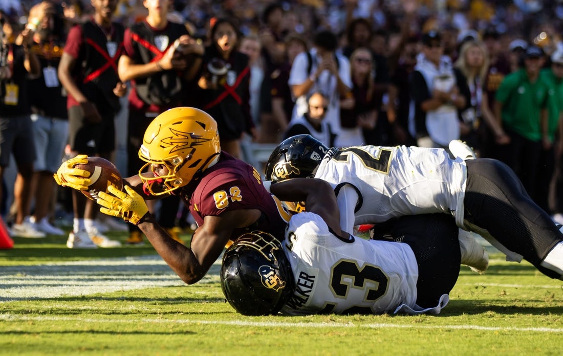 Oct 7, 2023; Tempe, Arizona, USA; Arizona State Sun Devils wide receiver Andre Johnson (82) dives towards the goal line against the Colorado Buffaloes in the first half at Mountain America Stadium. Mandatory Credit: Mark J. Rebilas-USA TODAY Sports
