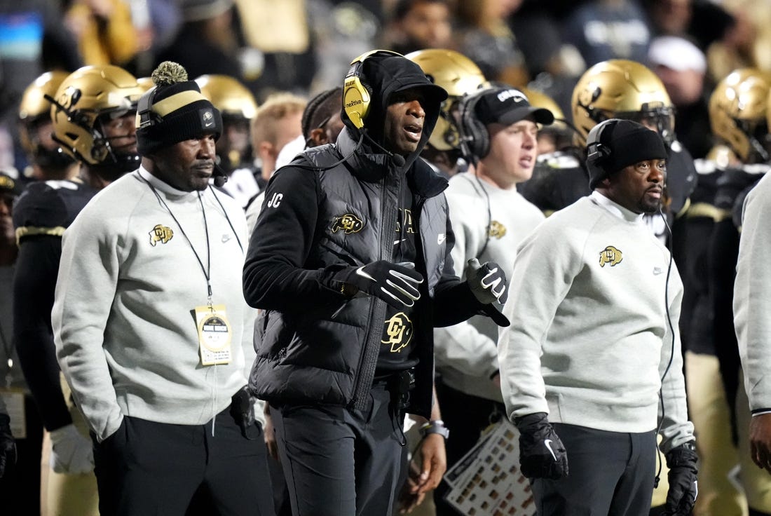 Oct 13, 2023; Boulder, Colorado, USA; Colorado Buffaloes head coach Deion Sanders calls out in the first quarter against the Stanford Cardinal at Folsom Field. Mandatory Credit: Ron Chenoy-USA TODAY Sports