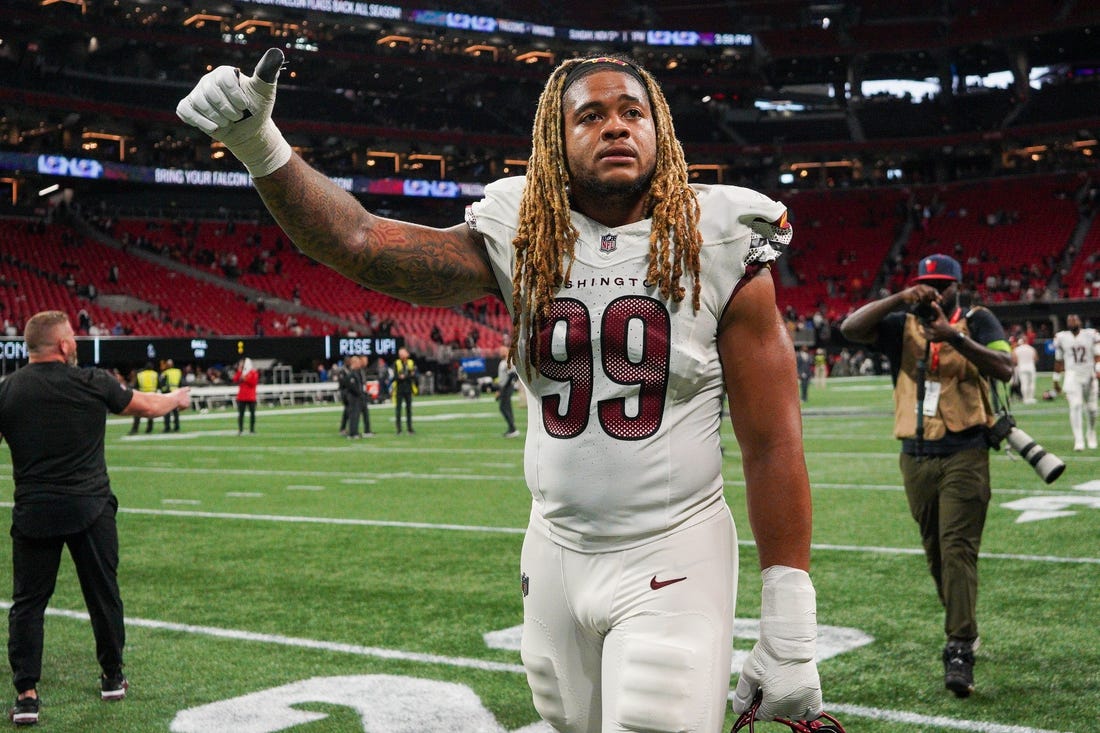 Oct 15, 2023; Atlanta, Georgia, USA; Washington Commanders defensive end Chase Young (99) reacts after a game against the Atlanta Falcons at Mercedes-Benz Stadium. Mandatory Credit: Brett Davis-USA TODAY Sports