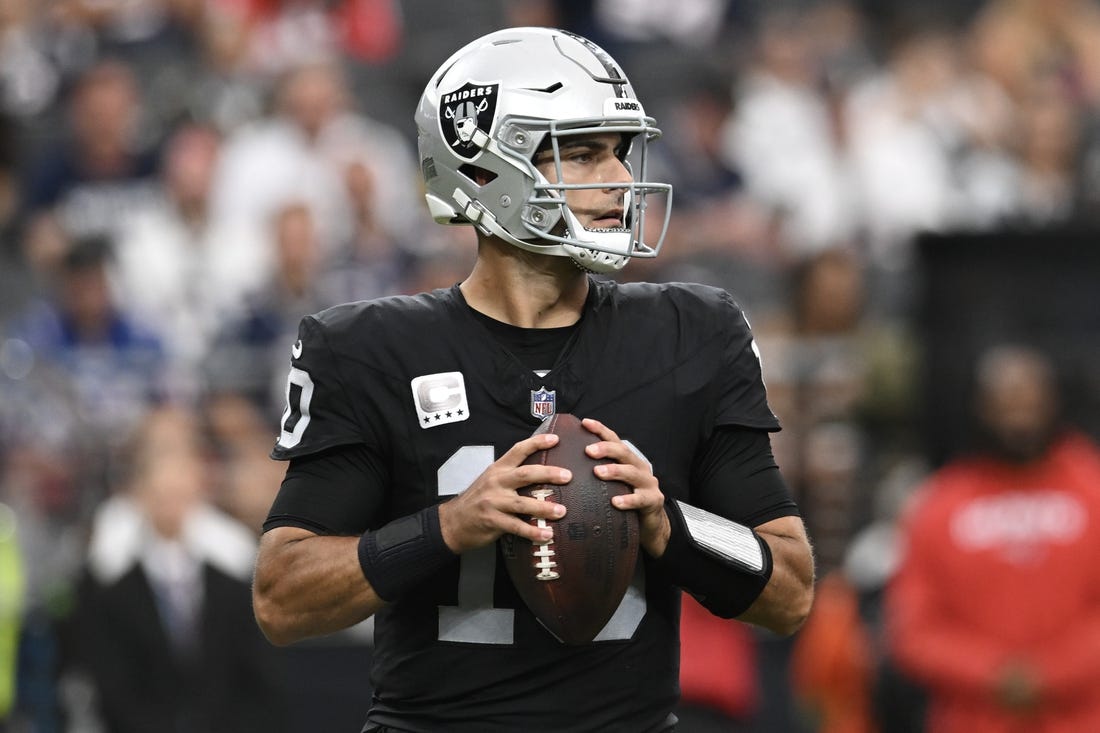 Oct 15, 2023; Paradise, Nevada, USA; Las Vegas Raiders quarterback Jimmy Garoppolo (10) looks to make a pass against the New England Patriots in the first quarter at Allegiant Stadium. Mandatory Credit: Candice Ward-USA TODAY Sports