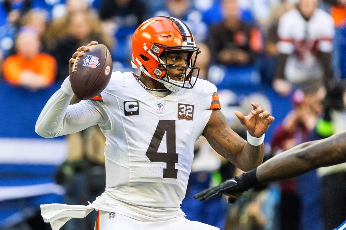 Oct 22, 2023; Indianapolis, Indiana, USA; Cleveland Browns quarterback Deshaun Watson (4) drops back to pass the ball in the first quarter against the Indianapolis Colts at Lucas Oil Stadium. Mandatory Credit: Trevor Ruszkowski-USA TODAY Sports