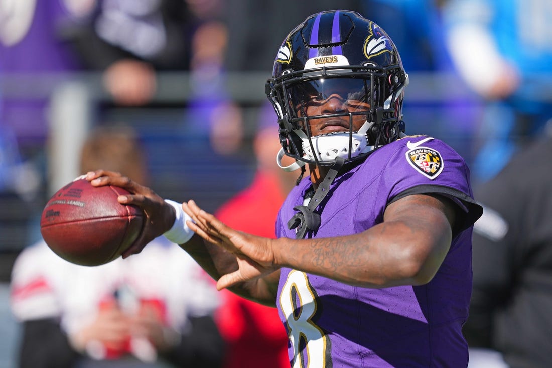 Oct 22, 2023; Baltimore, Maryland, USA; Baltimore Ravens quarterback Lamar Jackson (8) warms up prior to the game against the Detroit Lions at M&T Bank Stadium. Mandatory Credit: Mitch Stringer-USA TODAY Sports