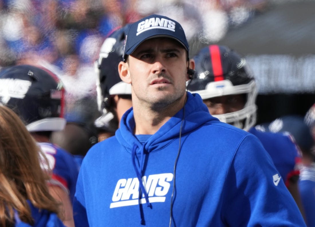 East Rutherford, NJ     October 22, 2023 -- Daniel Jones of the Giants on the sidelines in the second half. The NY Giants host the Washington Commanders at MetLife Stadium in East Rutherford, NJ on October 22, 2023.
