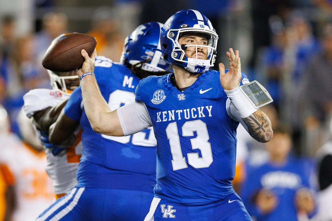 Oct 28, 2023; Lexington, Kentucky, USA; Kentucky Wildcats quarterback Devin Leary (13) passes during the second quarter against the Tennessee Volunteers at Kroger Field. Mandatory Credit: Jordan Prather-USA TODAY Sports