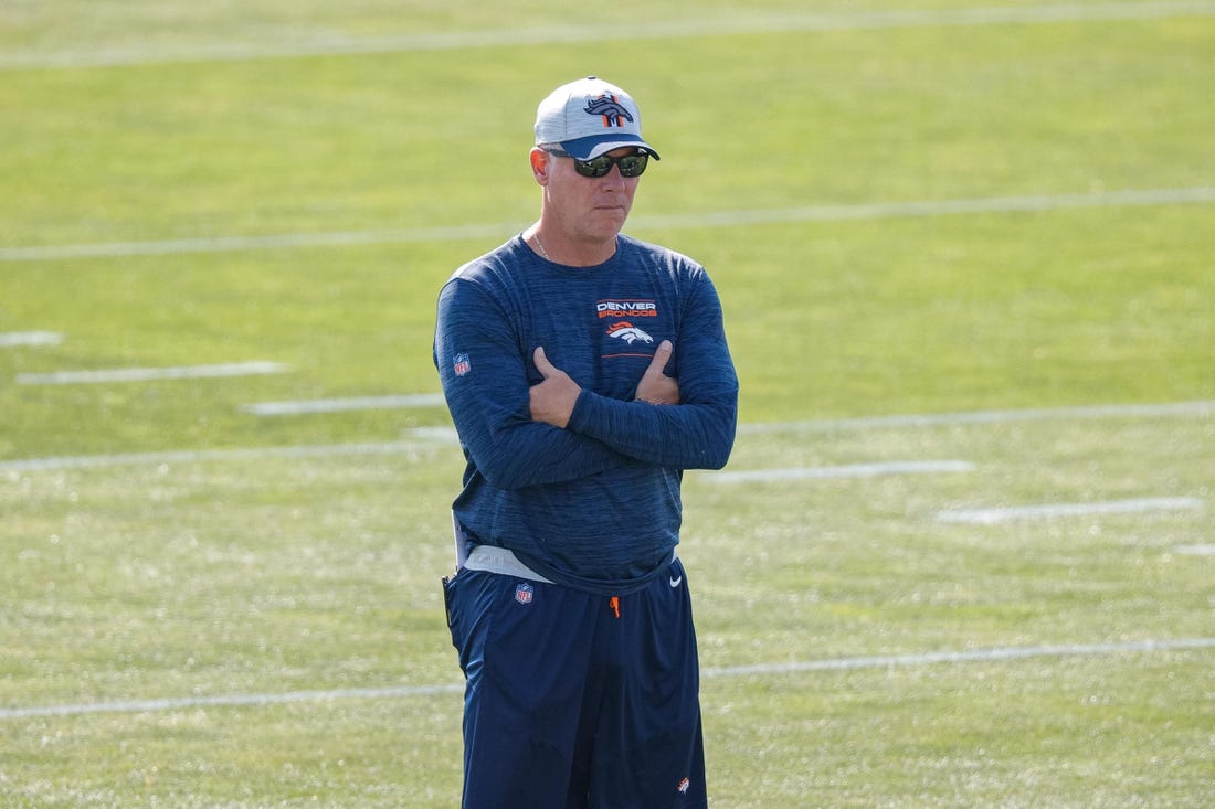 Jul 28, 2021; Englewood, CO, United States; Denver Broncos offensive coordinator Pat Shurmur looks on during training camp at UCHealth Training Complex. Mandatory Credit: Isaiah J. Downing-USA TODAY Sports